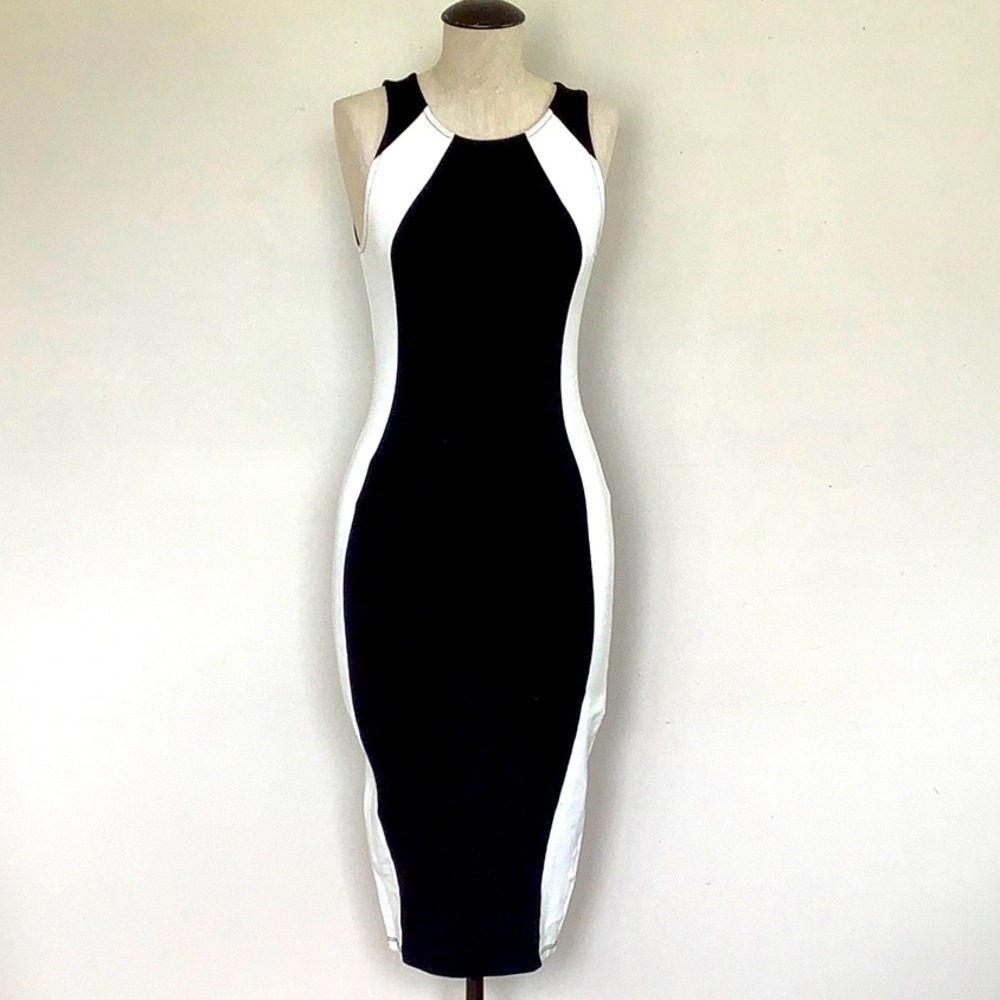 Arden B Black and white fitted midi dress